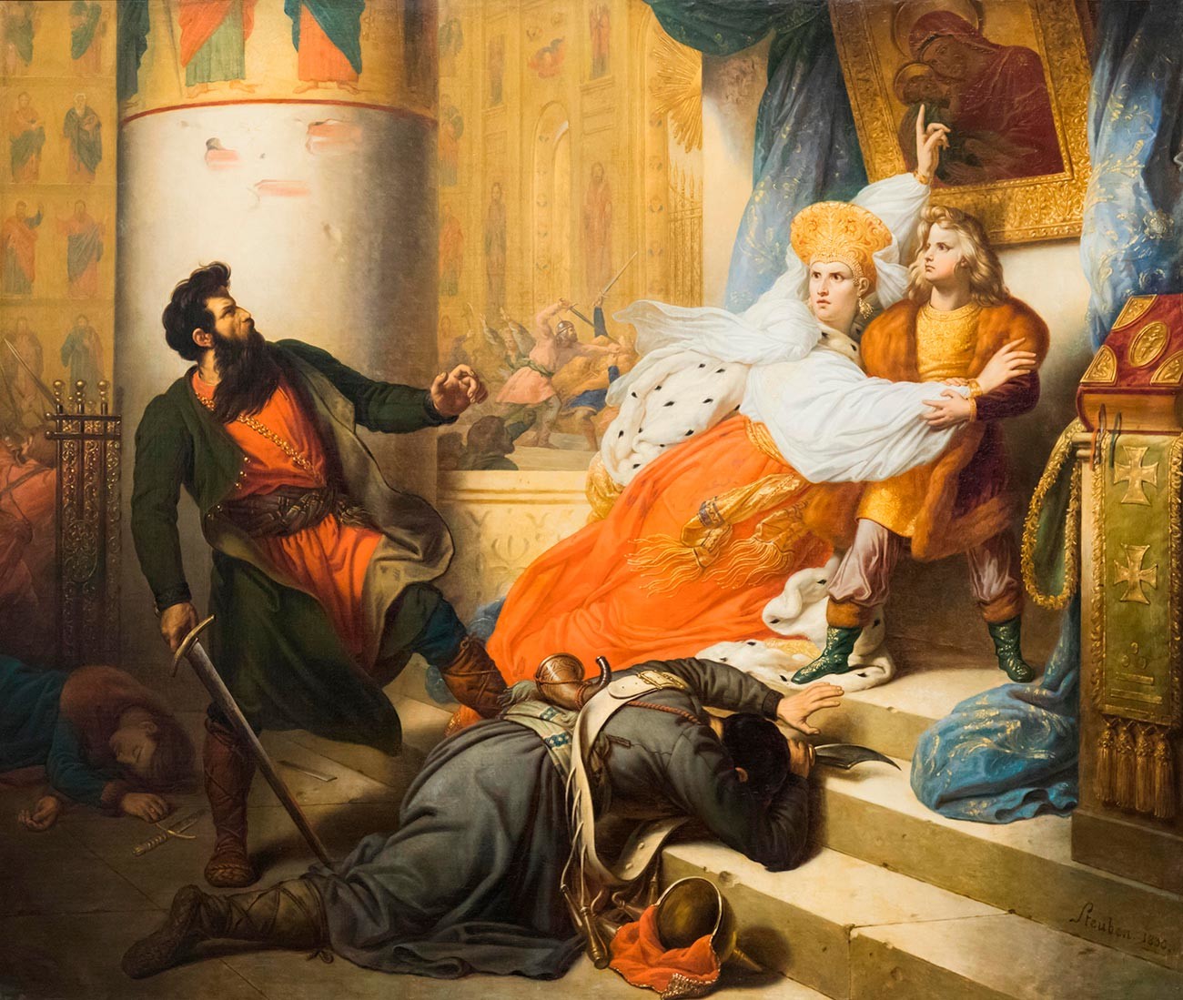 Петър Велики като дете, спасен от яростта на стрелците от майка си. По картина от Чарлз дьо Щойбен. Изложена в медиите в Malaga Bran