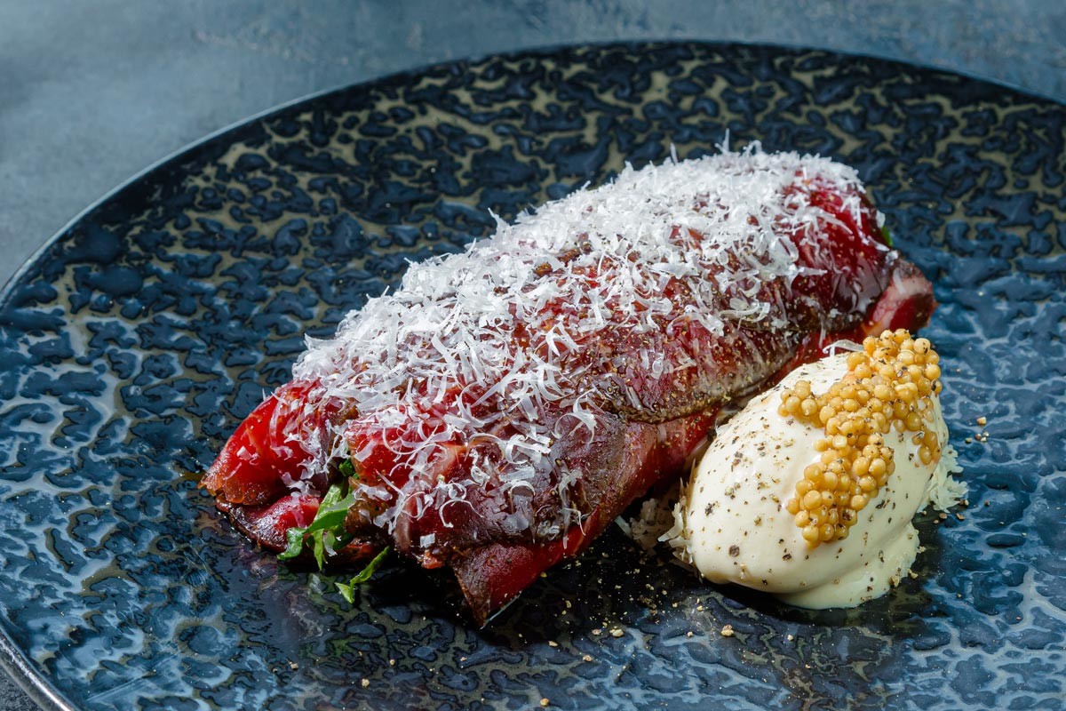 Beef jerky and smoked beetroot with parmesan and mustard ice cream.