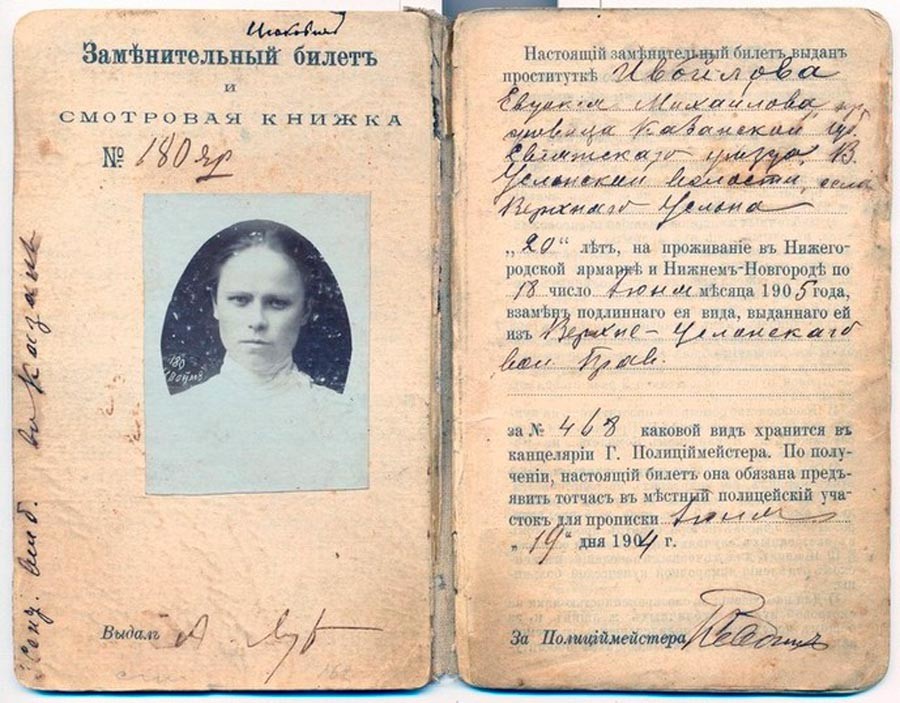 The prostitute’s internal passport withdrawn in exchange for a yellow identity card, or ticket.
