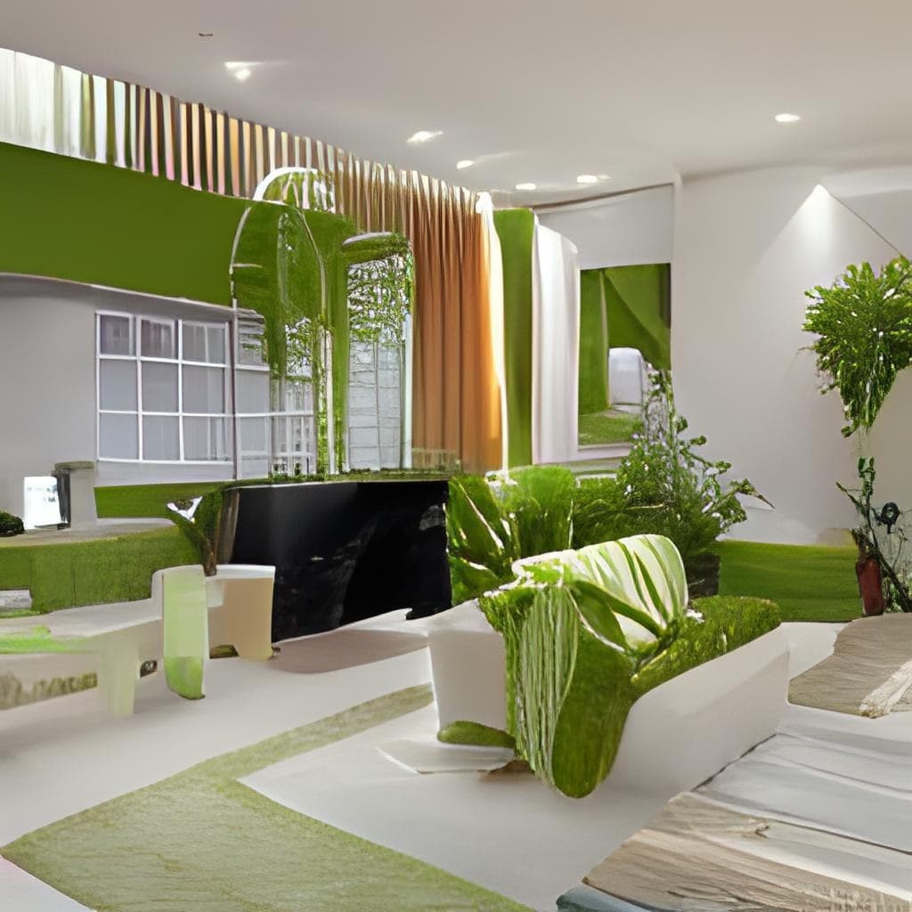 Una stanza luminosa con dettagli verdi creata dalla rete neurale