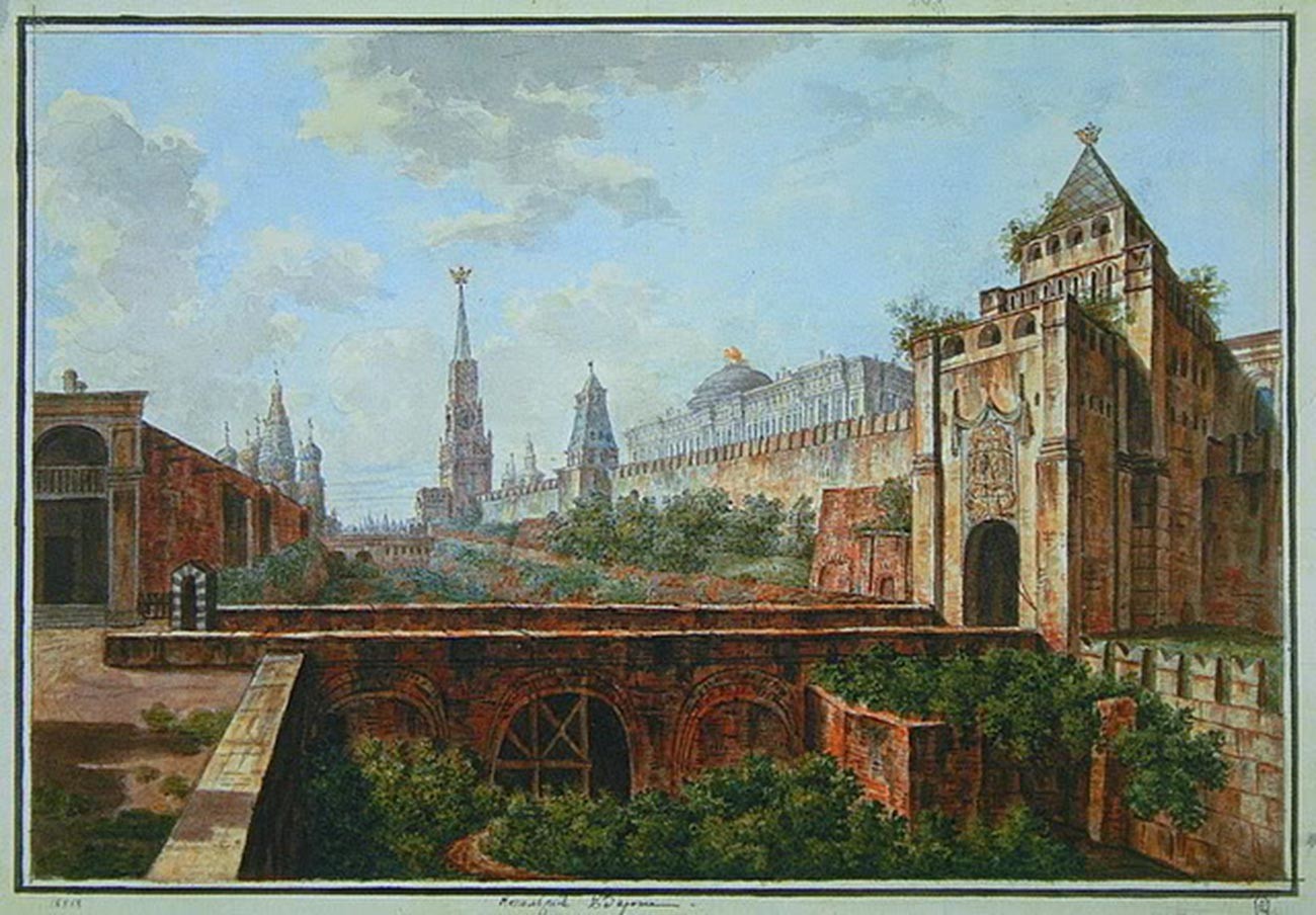 Menara Nikolay Kremlin Moskow dan parit Aloisio pada 1800-an