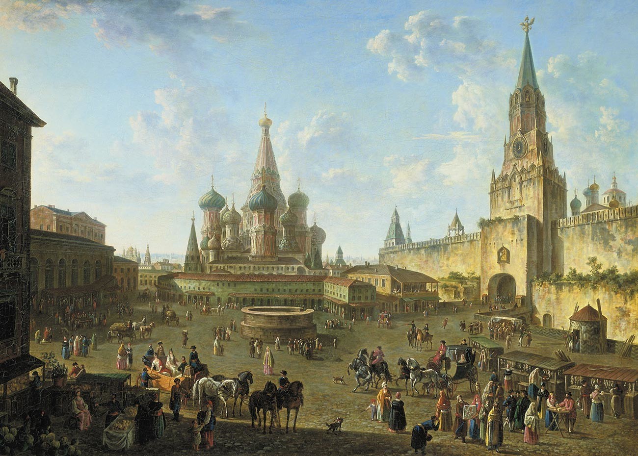 Lapangan Merah di Moskow, abad ke-19, oleh Fedor Alekseev. Di sebelah kanan, parit masih bisa terlihat, di sanalah singa dan gajah kemungkinan disimpan pada abad ke-16.