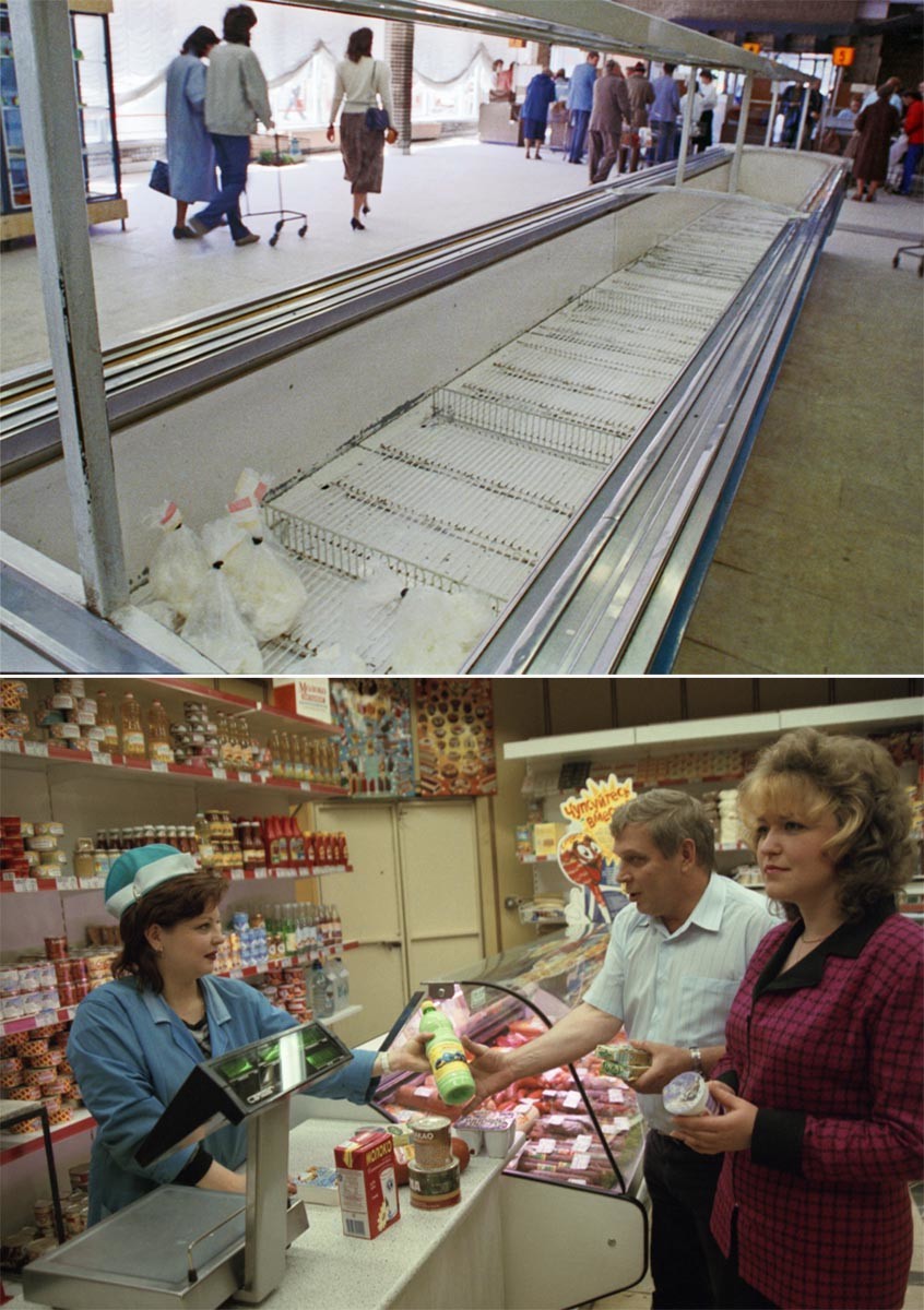 En haut: dans un rayon de viande moscovite en 1990. En bas: à Moscou en juin 1992