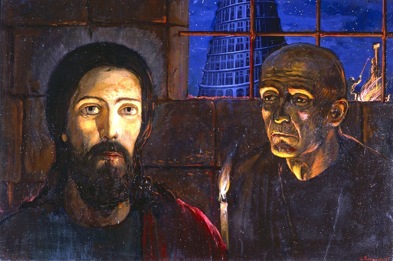 Pembuatan ulang lukisan 'Penyelidik Agung' oleh Ilya Glazunov.