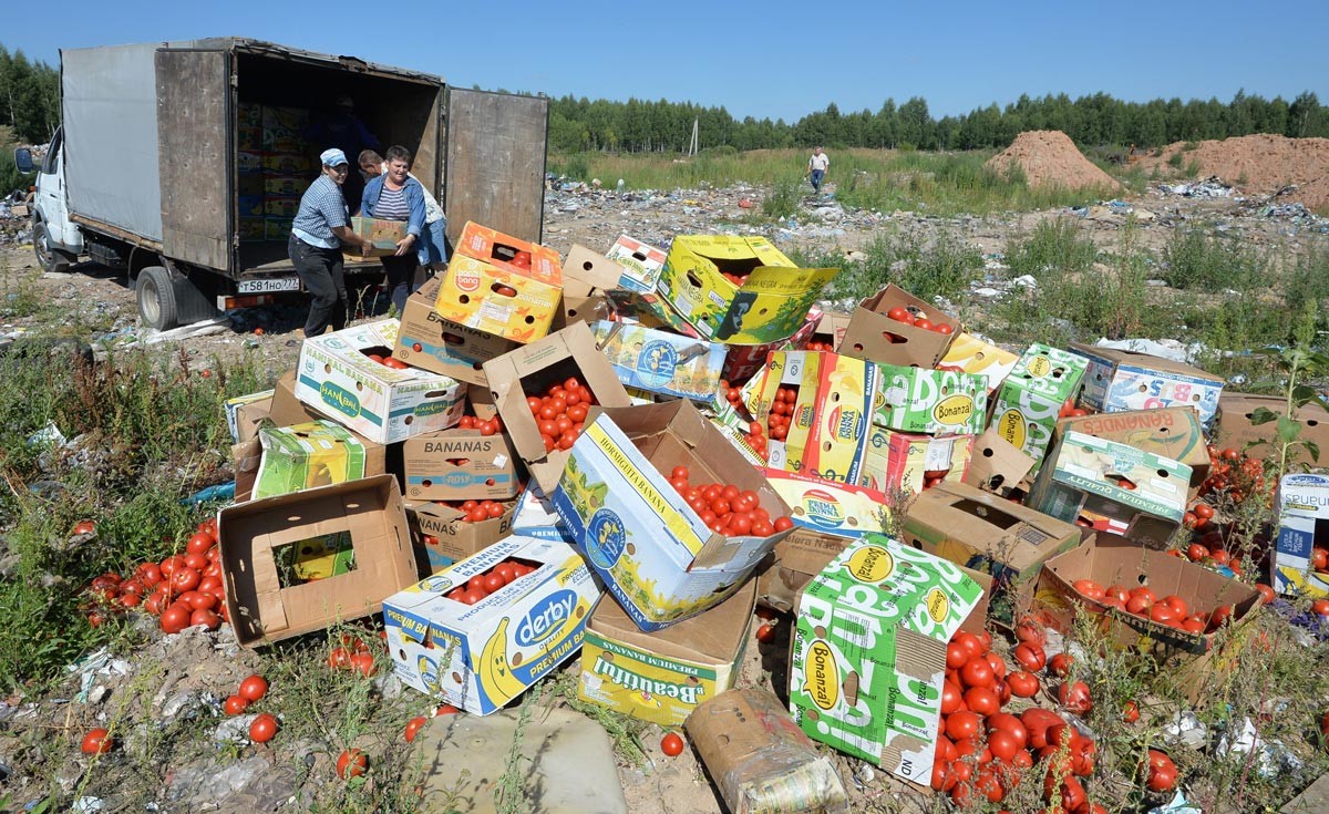 Vernichtung von Tomaten, die an der russisch-weißrussischen Grenze auf einer Deponie in der Nähe des Dorfes Gusino in der Region Smolensk festgenommen wurden.