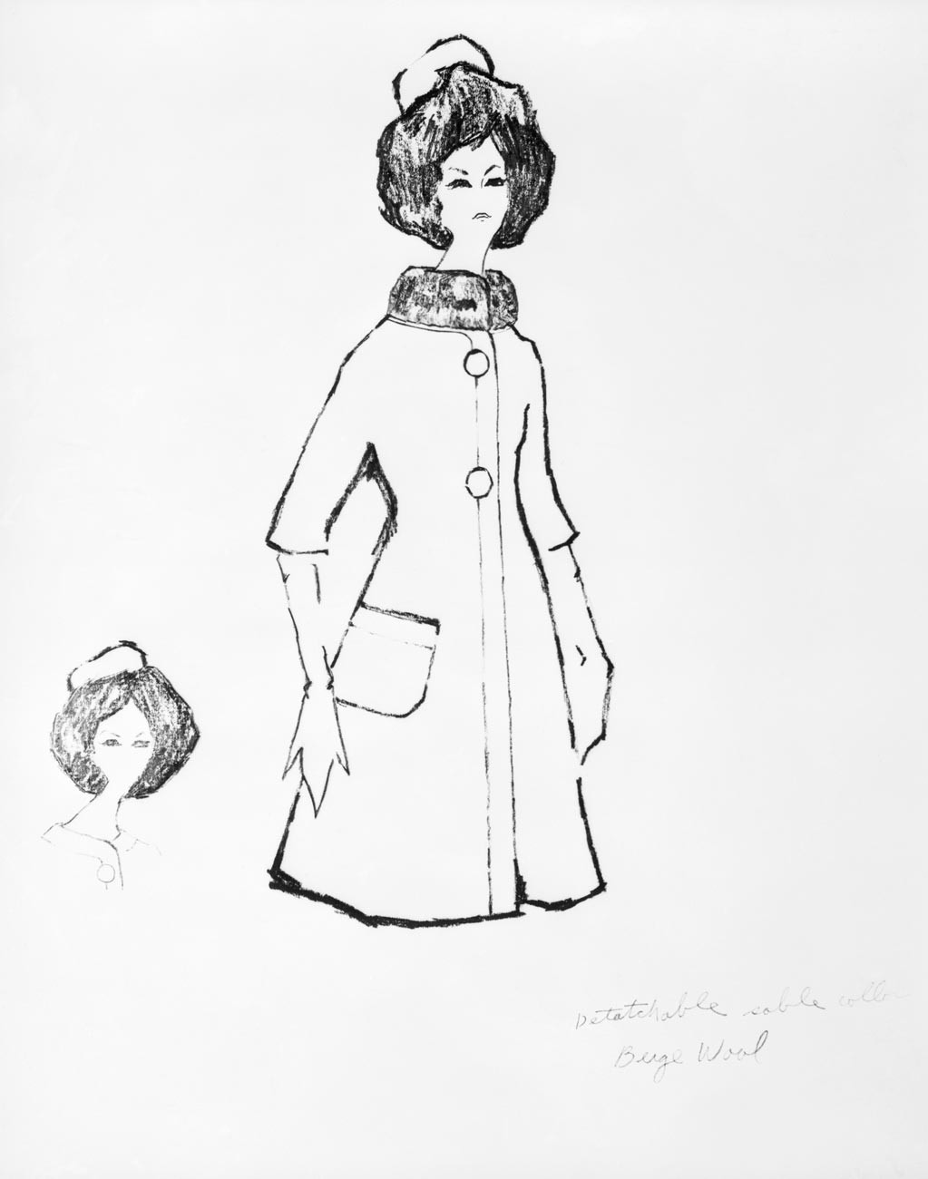 Ce croquis montre le manteau en laine à finition douce de couleur fauve pour la garde-robe d'inauguration de Jackie Kennedy.