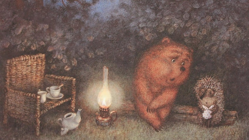 Ježek in Medvedek pijeta čaj/ilustracija Frančeske Jarbusove za knjigo "Ježek v megli"