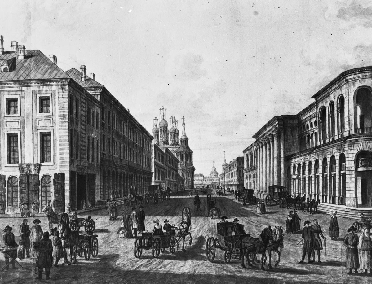 Gostiny dvor (R) at the beginning of the 19th century.