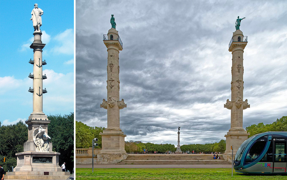 The Monument at Columbus Circle (L) and the rostral columns of the Place des Quinconces, Bordeaux, France