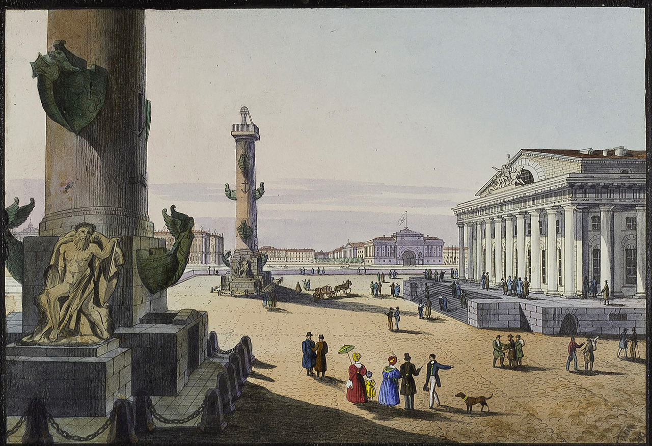 Pemandangan pilar-pilar rostral Sankt Peterburg pada abad ke-19 oleh Karl Beggrov.

