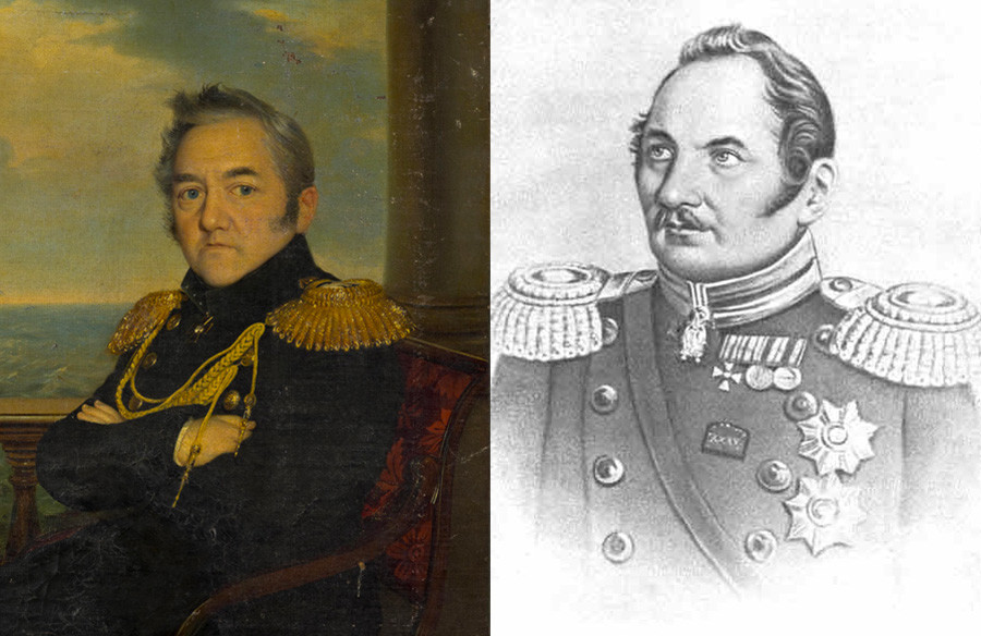 Портрет на адмирал Михаил Лазарев и Фадей Белингсхаузен (1778-1852), руски адмирал и изследовател, откривател на Антарктида. Литография от У. Шзайбах