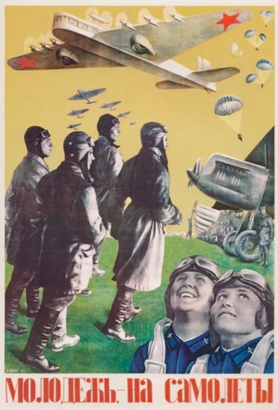 Giovani, salite a bordo degli aerei! Poster dell'artista G. Klutsis, 1934
