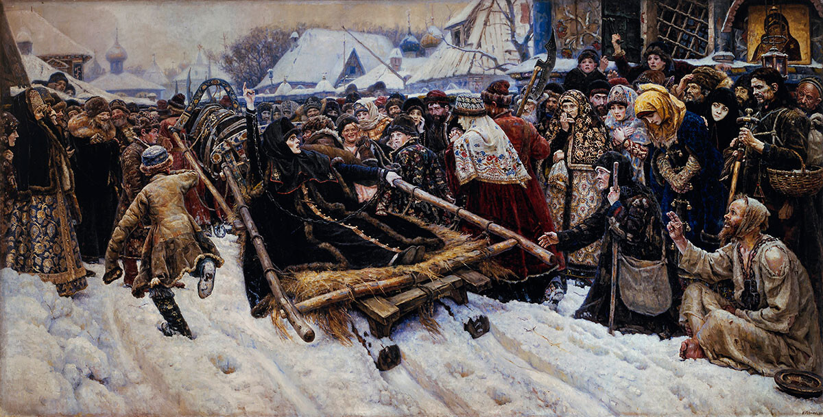 Die Verhaftungsszene der Altgläubigen Bojarin Morosowa, abgebildet von Wassili Surikow, 1887