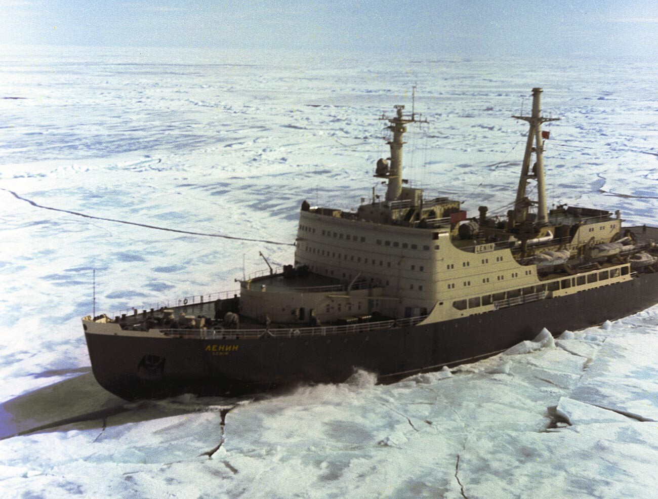 A nuclear-powered icebreaker Lenin moving through the ice