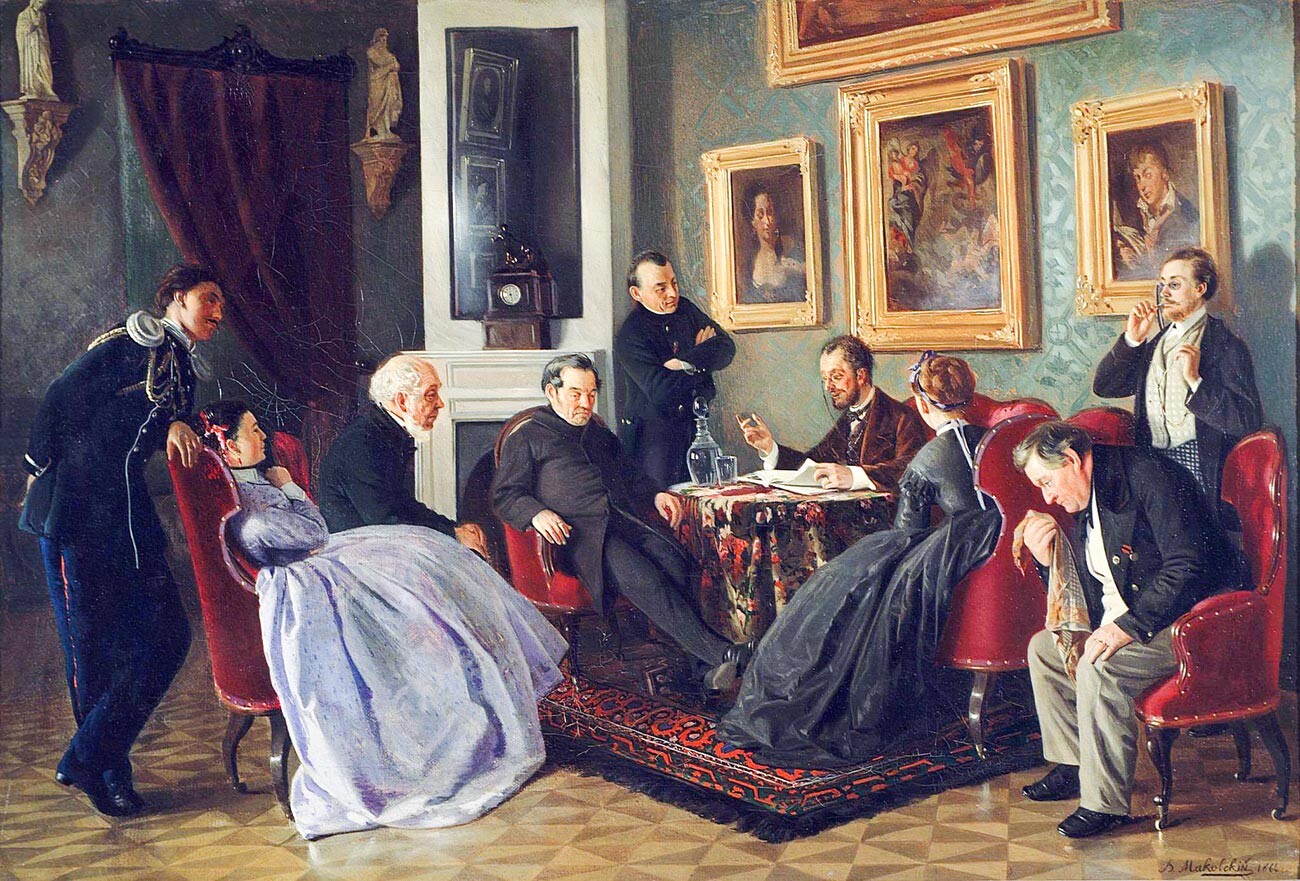 “Una serata letteraria”, dipinto di Vladimir Makovskij (1866)