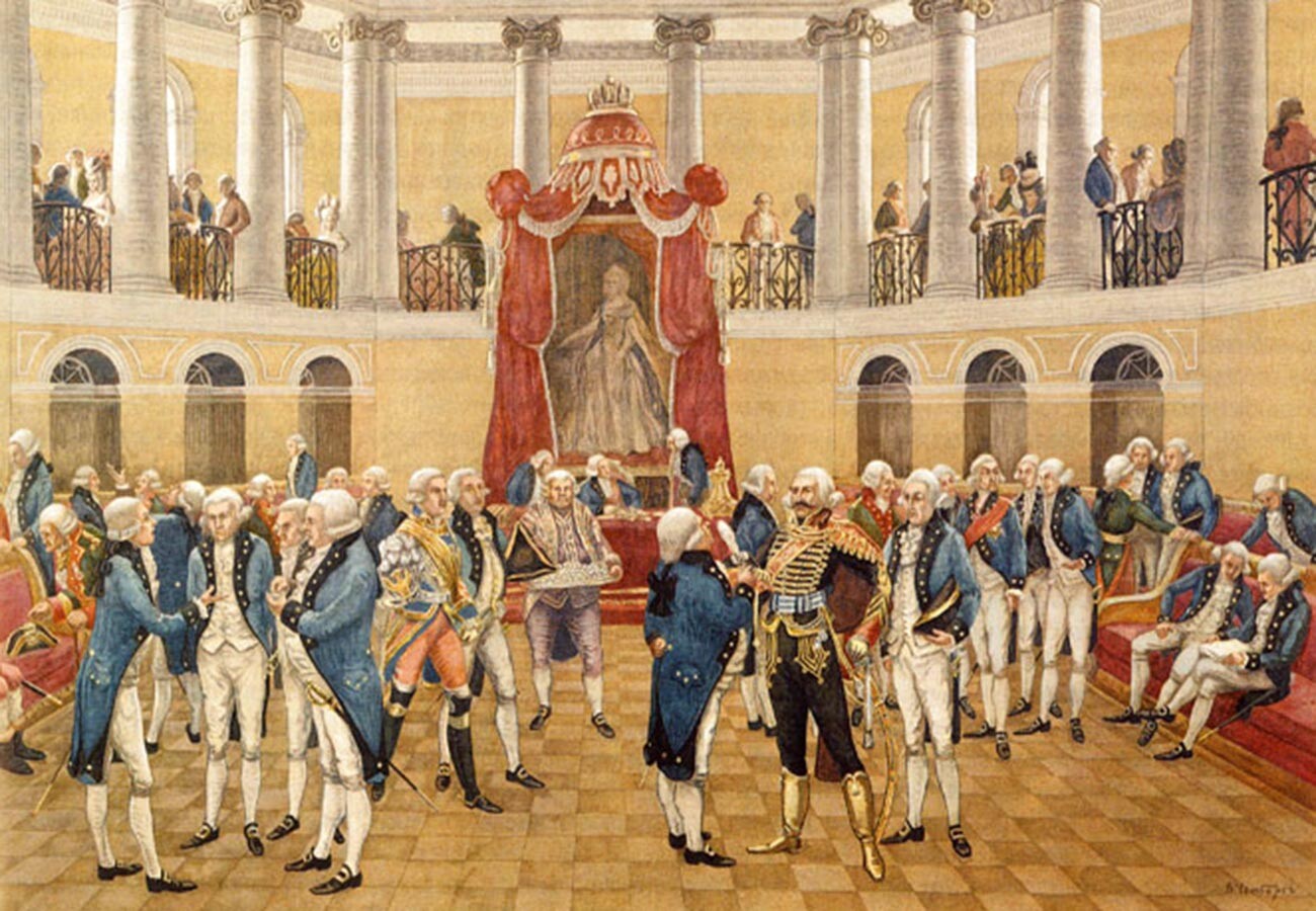 Un’assemblea nobiliare ai tempi di Caterina la Grande (sul trono dal 1762 al 1796), dipinto di Vladimir Chambers (1913)