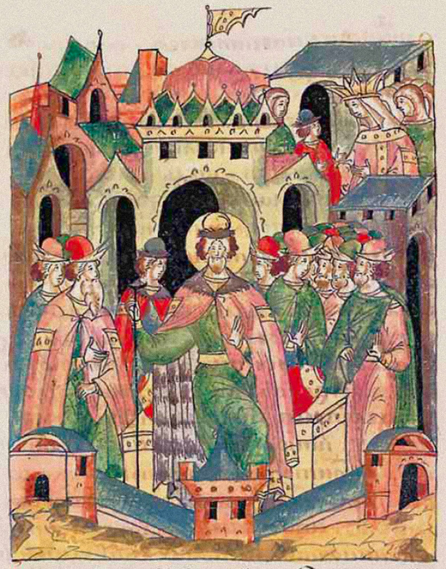 Alexander Newski auf einem Thron. Miniatur aus dem Titelbuch des Zaren.