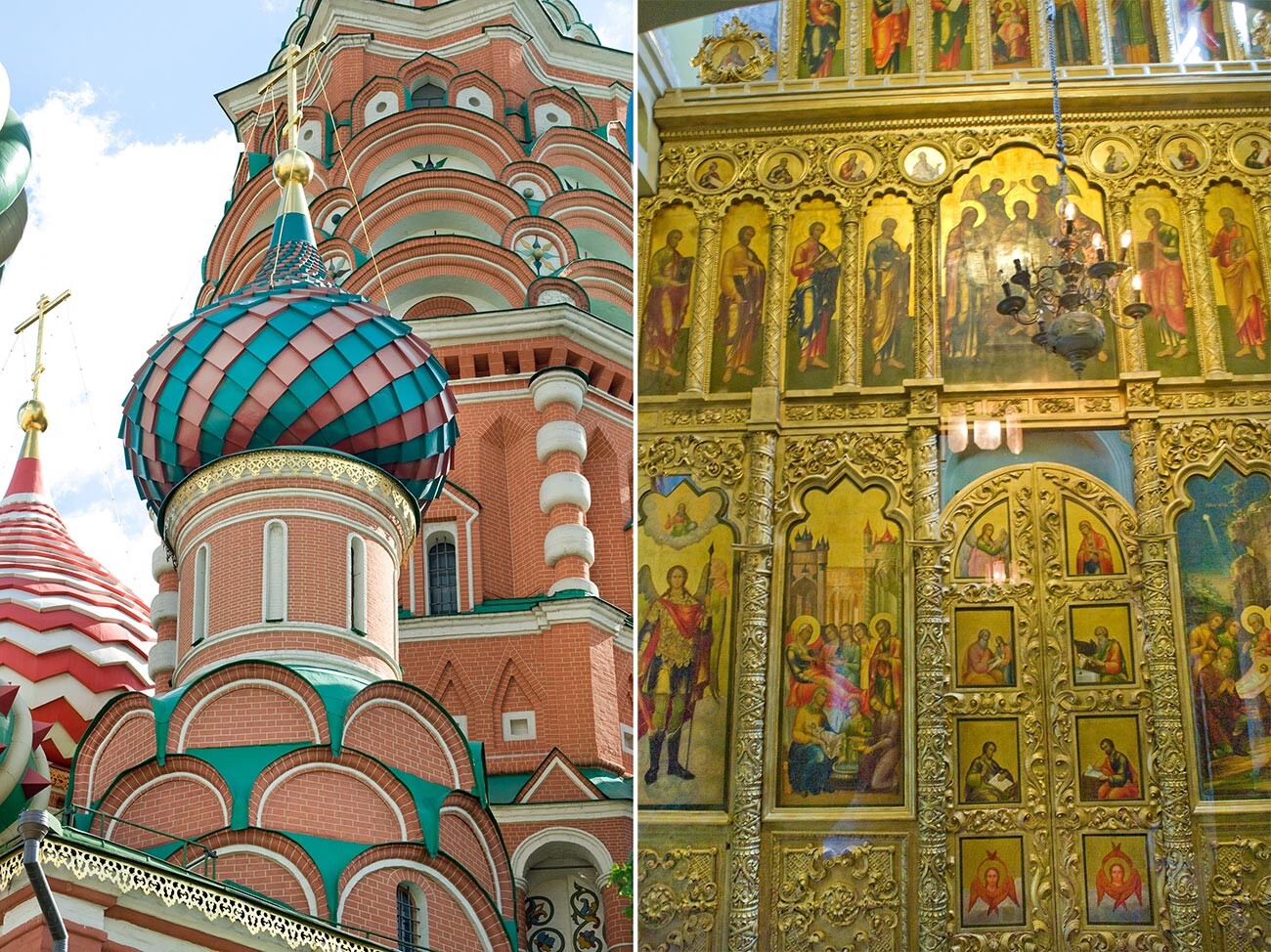Left: St. Basil's, Church of the Three Patriarchs, northeast view. 
Right: St. Basil's, Church of the Three Patriarchs. Icon screen. 2012