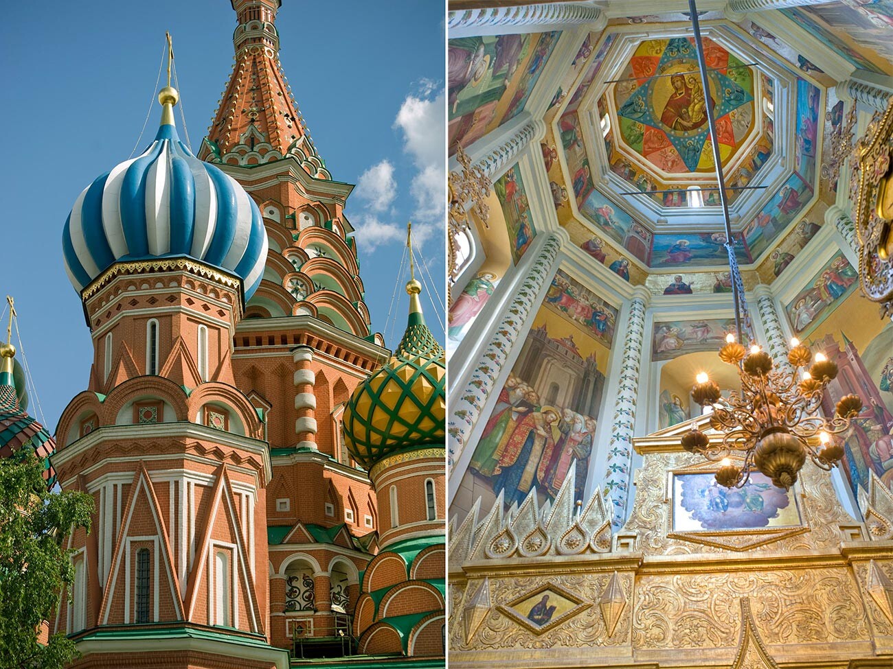Left: St. Basil's, north view. Church of Sts. Cyprian & Justina. 
Right: St. Basil's, Church of Sts. Cyprian & Justina, interior. View toward dome with 19th-century wall paintings. 2012