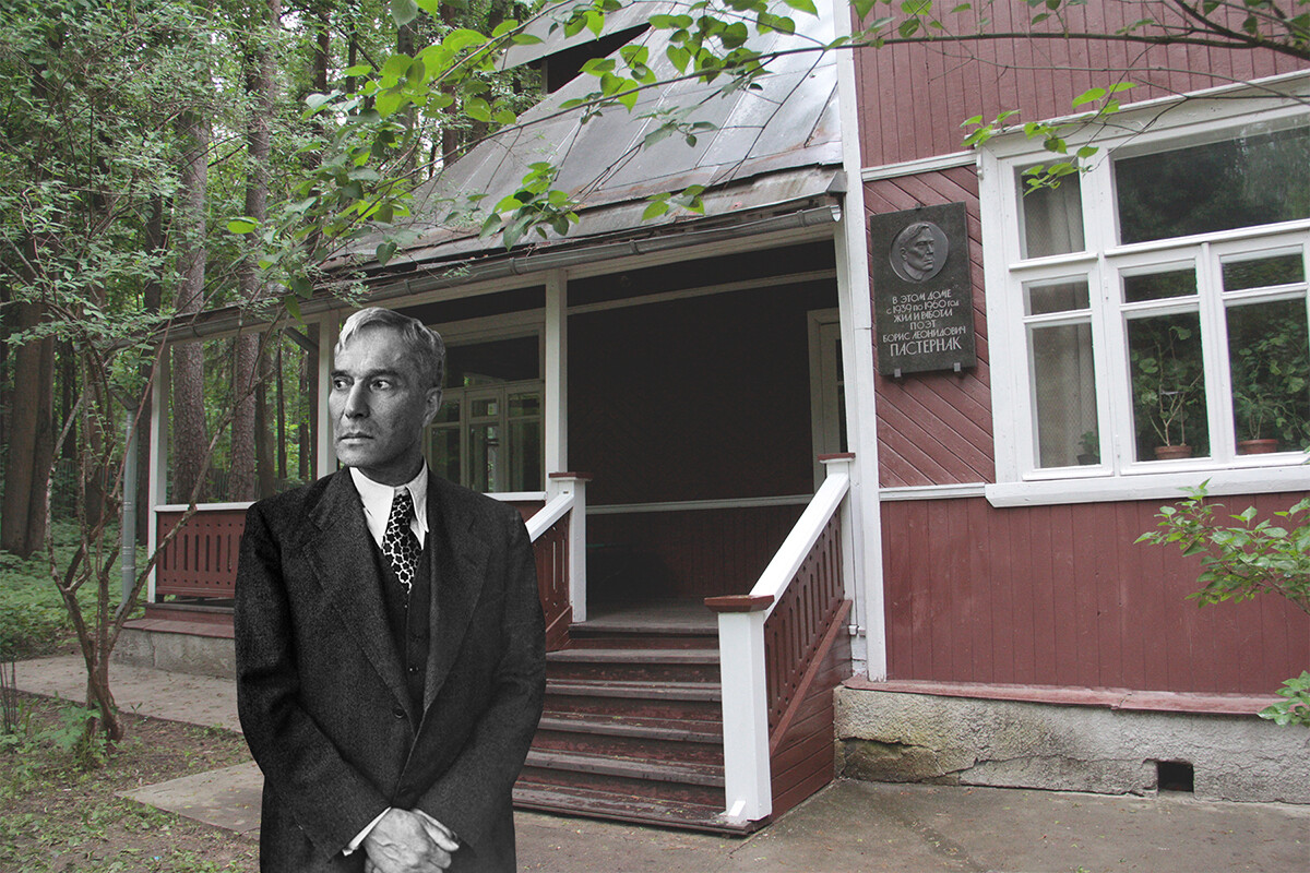 A collage: Pasternal in front of his house in Peredelkino