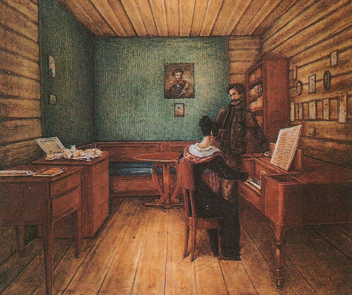 Nikolái Bestuzhev. Serguéi Volkonsky con su esposa en la celda que le fue asignada en la prisión de Petrovsky, 1830

