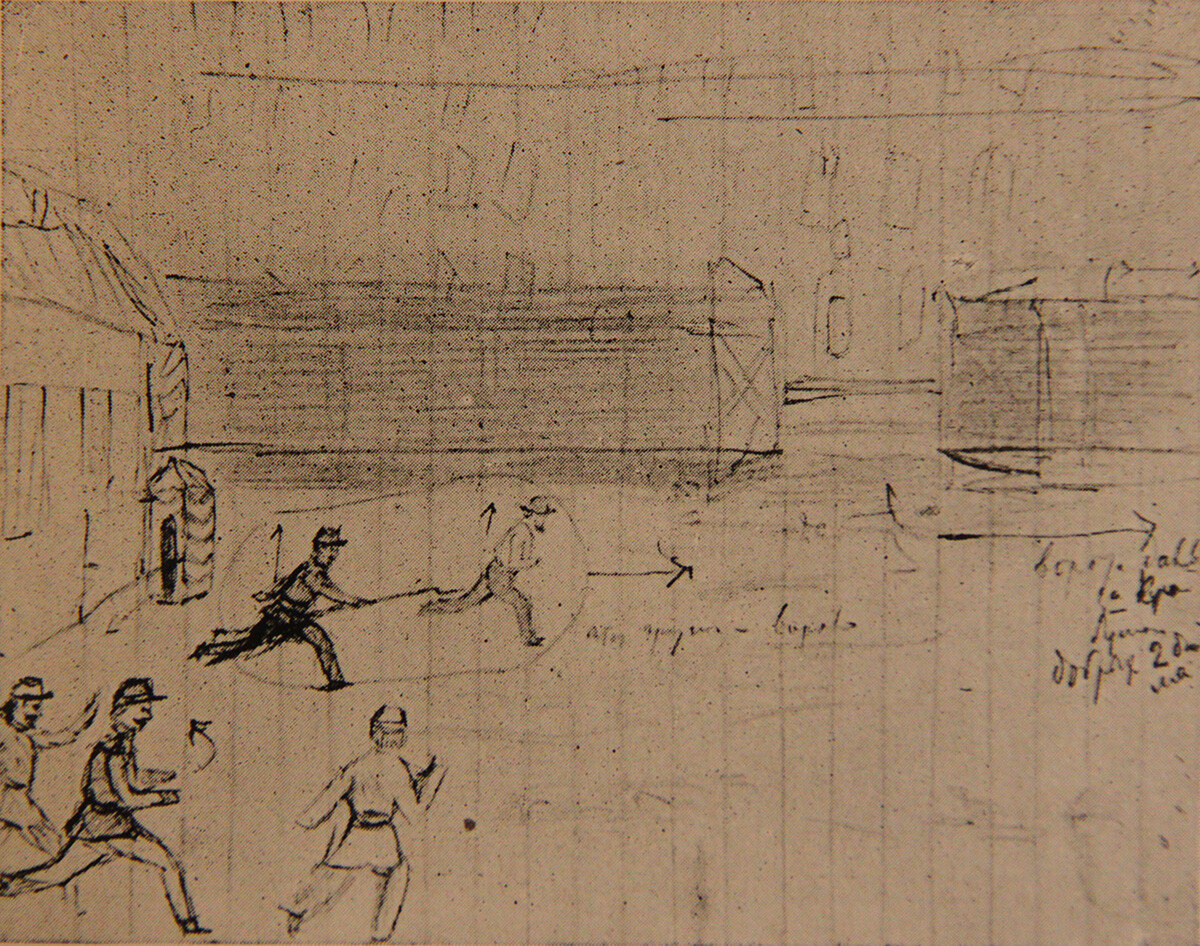 Skica bijega (crtež olovkom P. A. Kropotkina). 