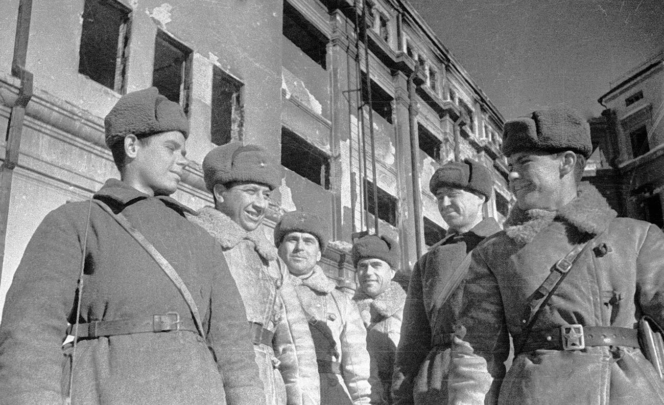 Soviet soldiers, who seized the headquarters of Field Marshal Friedrich Paulus.