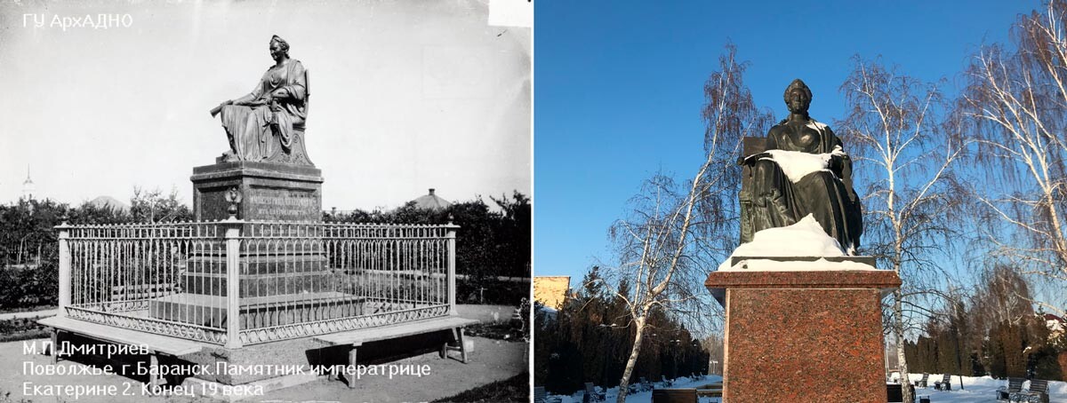 Das  alte und das heutige Denkmal für Katharina II. 