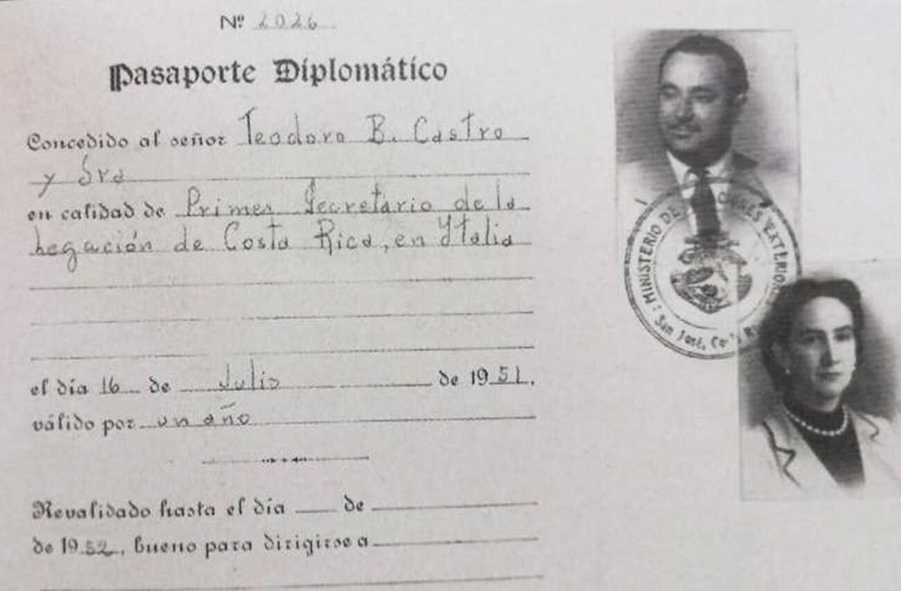 Diplomatic passport of the first secretary of the Costa Rican diplomatic mission in Italy, T. Castro (I. Grigulevich) and his wife. July 16, 1951.