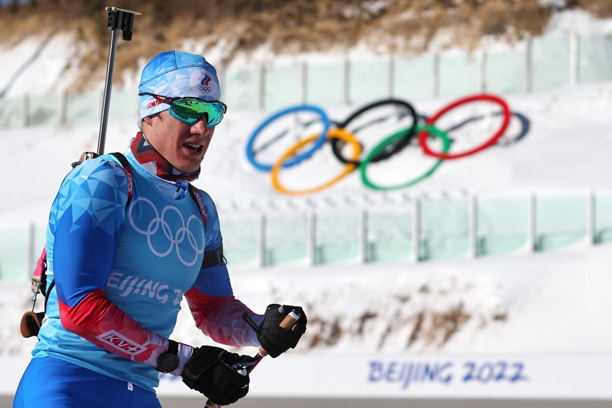 Кина. Џангђакоу. Олимпијада 2022. Руски биатлонац Едуард Латипов на тренингу.