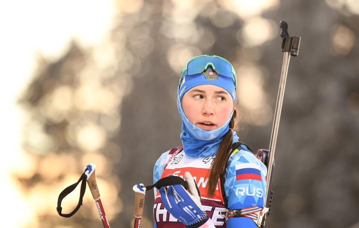 Valeria Vasnetsova, tim atlet Rusia pada sesi latihan sebelum putaran kedua Piala Dunia Biathlon musim 2021/22 di Estersund, Swedia.