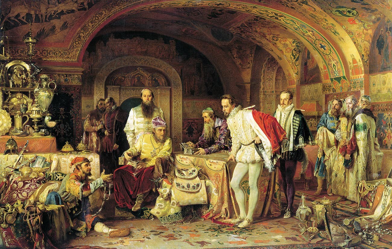 『イングランド使節ジェローム・ホーセイを宝物部屋に招くイワン4世』。左下にイワン4世の道化がいる。