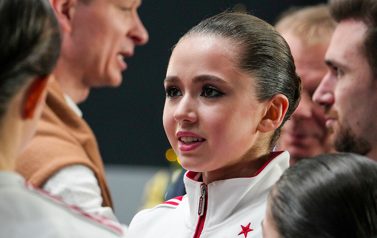 Kamila Valiyeva after performing her free skating program at the Russian Figure Skating Championship in St. Petersburg. December 25, 2021