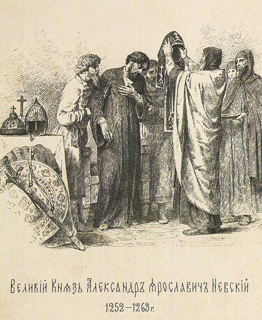 Aleksandr Nevsky mengambil sumpah biara sesaat sebelum kematiannya. Ilustrasi oleh Vasiliy Vereschagin, 1896.