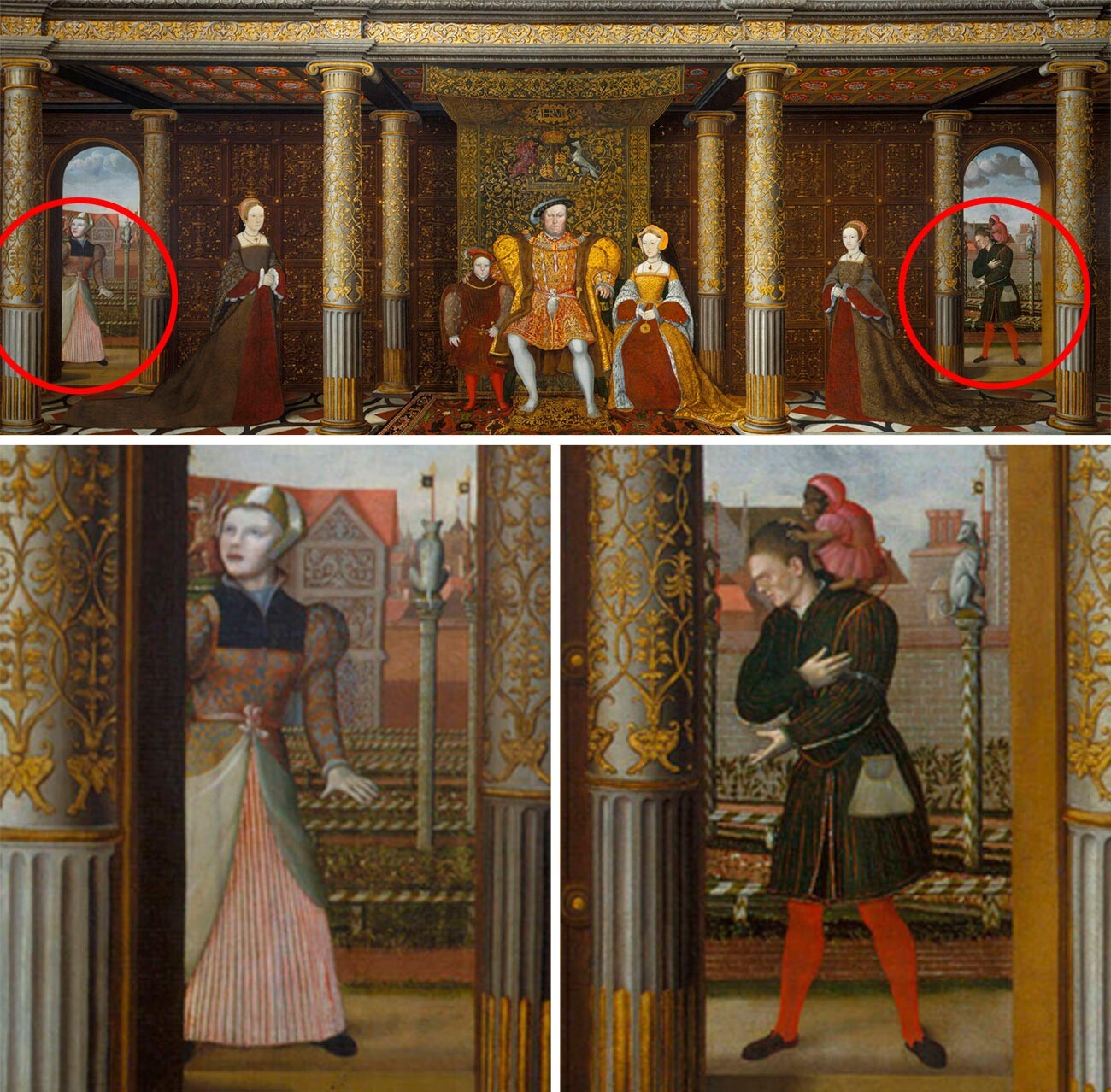 Henri VIII et sa famille par un artiste inconnu. L'homme à droite est le bouffon Will Sommers et il a été suggéré que la femme à gauche est le bouffon Jane Foole.