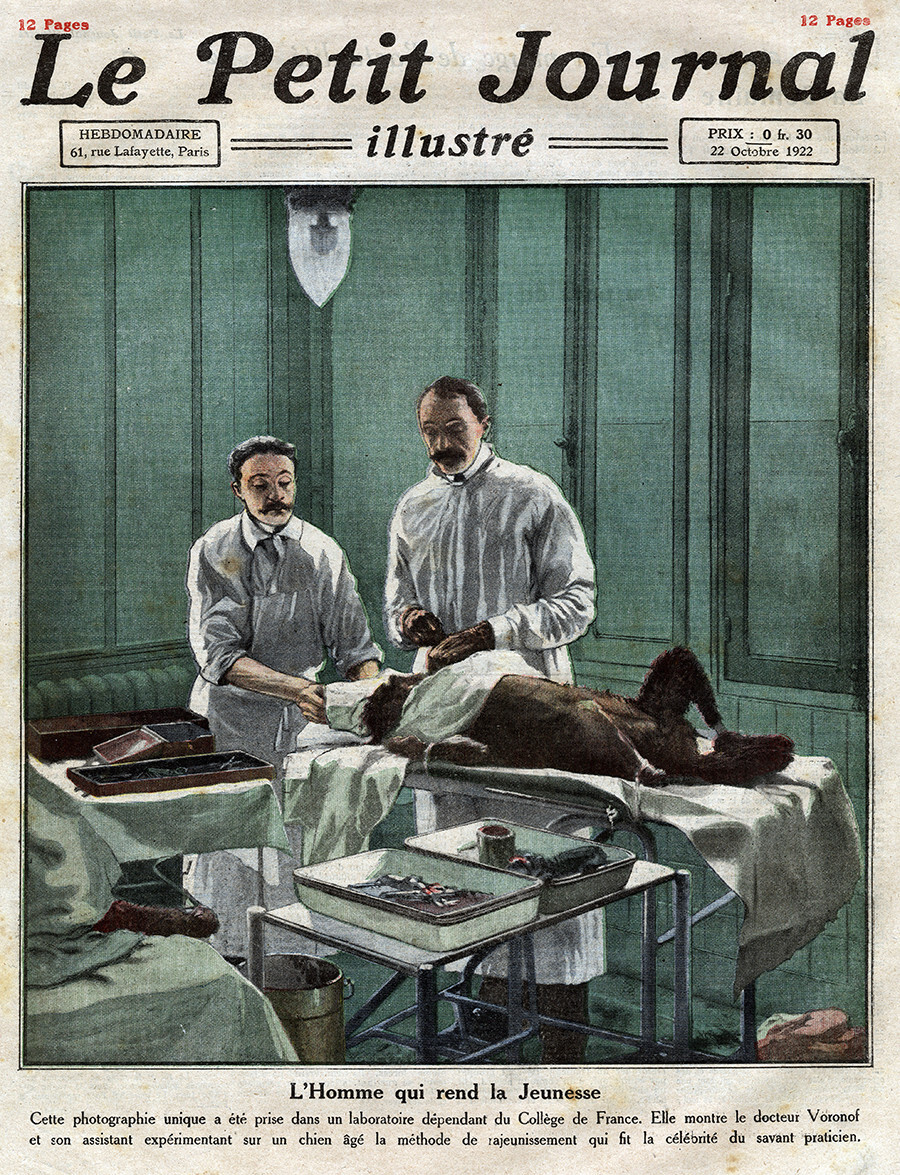 Sergej Voronov uz pomoć asistenta operira psa. Naslovna strana Le Petit Journal Illustre, 22. listopada 1922.