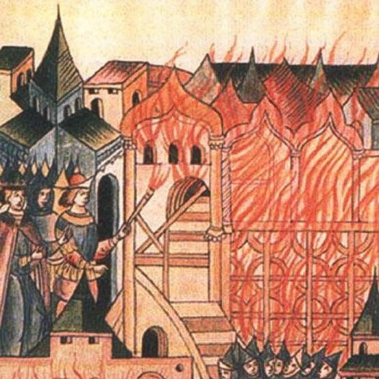 The Tver uprising of 1328 as seen in a Russian Illustrated Chronicle, 16th century. In this picture, the people of Tver are shown burning the palace with Cholkhan, Uzbeg Khan's cousin, inside it.