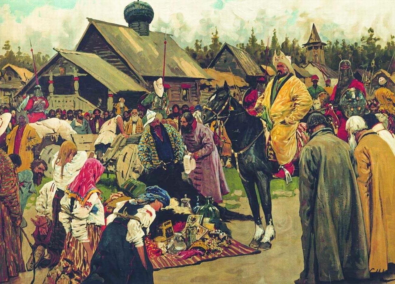 Orang-orang Baskak Tatar (pemungut pajak) mengunjungi desa Rusia untuk menarik upeti. (“Orang Baskak” oleh Sergey Ivanov, 1909).