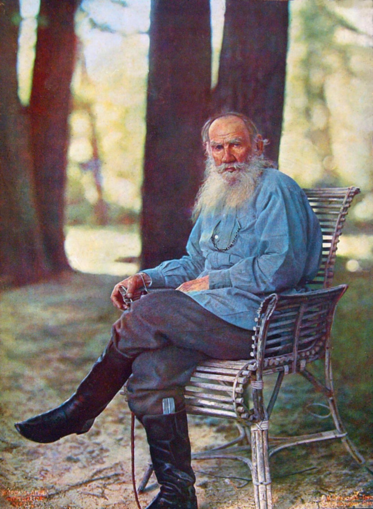 Yasnaya Polyana. Color portrait of Leo Tolstoy taken after his return from horseback riding. First published in August issue of Notes of the Imperial Russian Technical Society. May 23, 1908 
