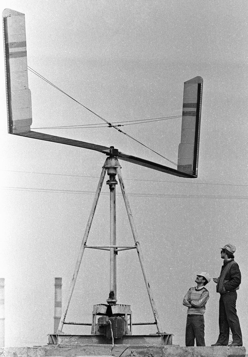 Wind power plant on the Absheron Peninsula, Caspian Sea, Azerbaijan, 1987.