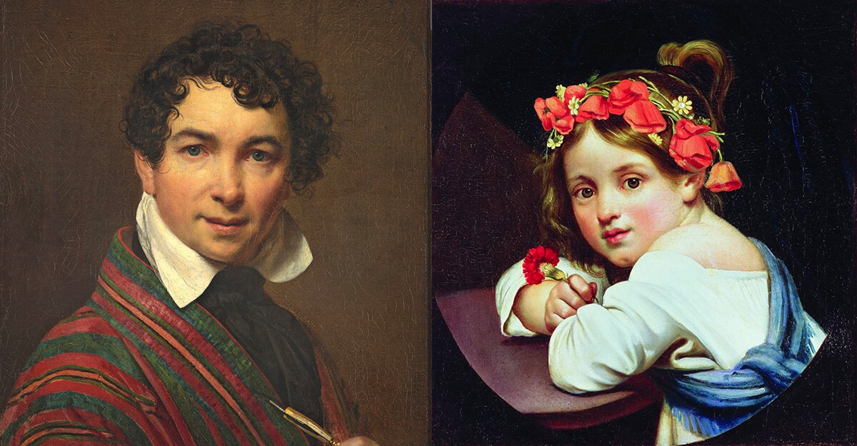 Autoportrait, 1828, et Fillette à la couronne de coquelicots et œillet à la main, toiles de Kiprenski