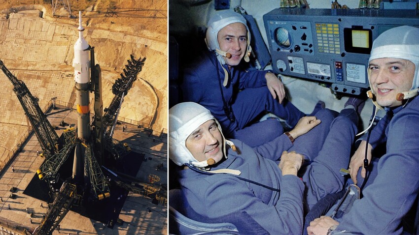 1971年6月6日。バイコヌール宇宙基地の発射台の「ソユーズ11号」。Vladimir Musaelyan/TASS// 訓練船に乗る宇宙船「ソユーズ11号」の乗員。 Aleksandr Mokletsov/Sputinik