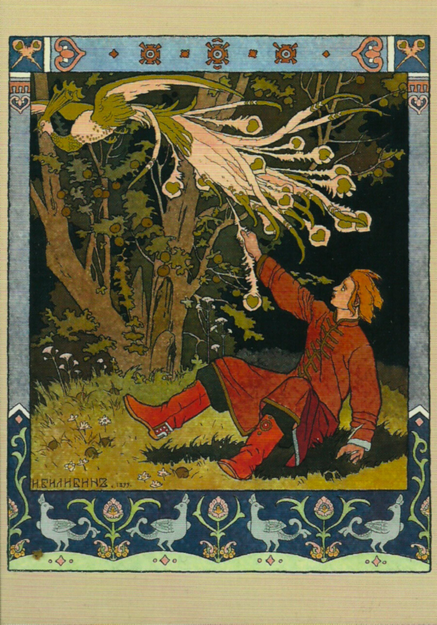Ivan Bilibin, Ivan Carevič in žar ptica, ognjena ptica, njeno perje se blešči v srebru in zlatu.