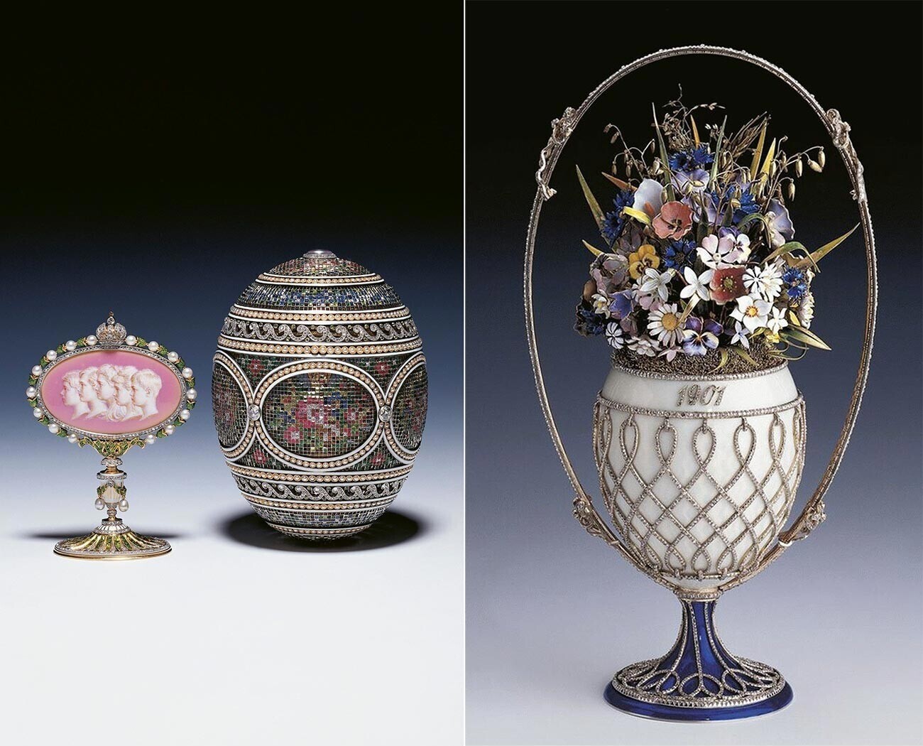Ovos Fabergé “Mosaico” e “Cesta de flores silvestres”, vendidos na década de 1930 para a família real britânica. 