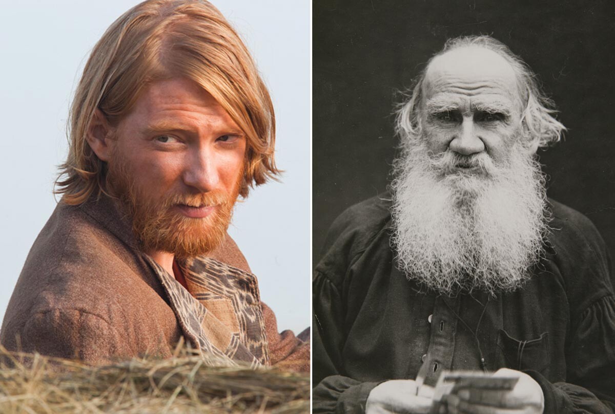 Domhnall Gleeson as Konstantin Levin in Joe Wright's film adaptaion (L). Portrait of Leo Tolstoy in 1910