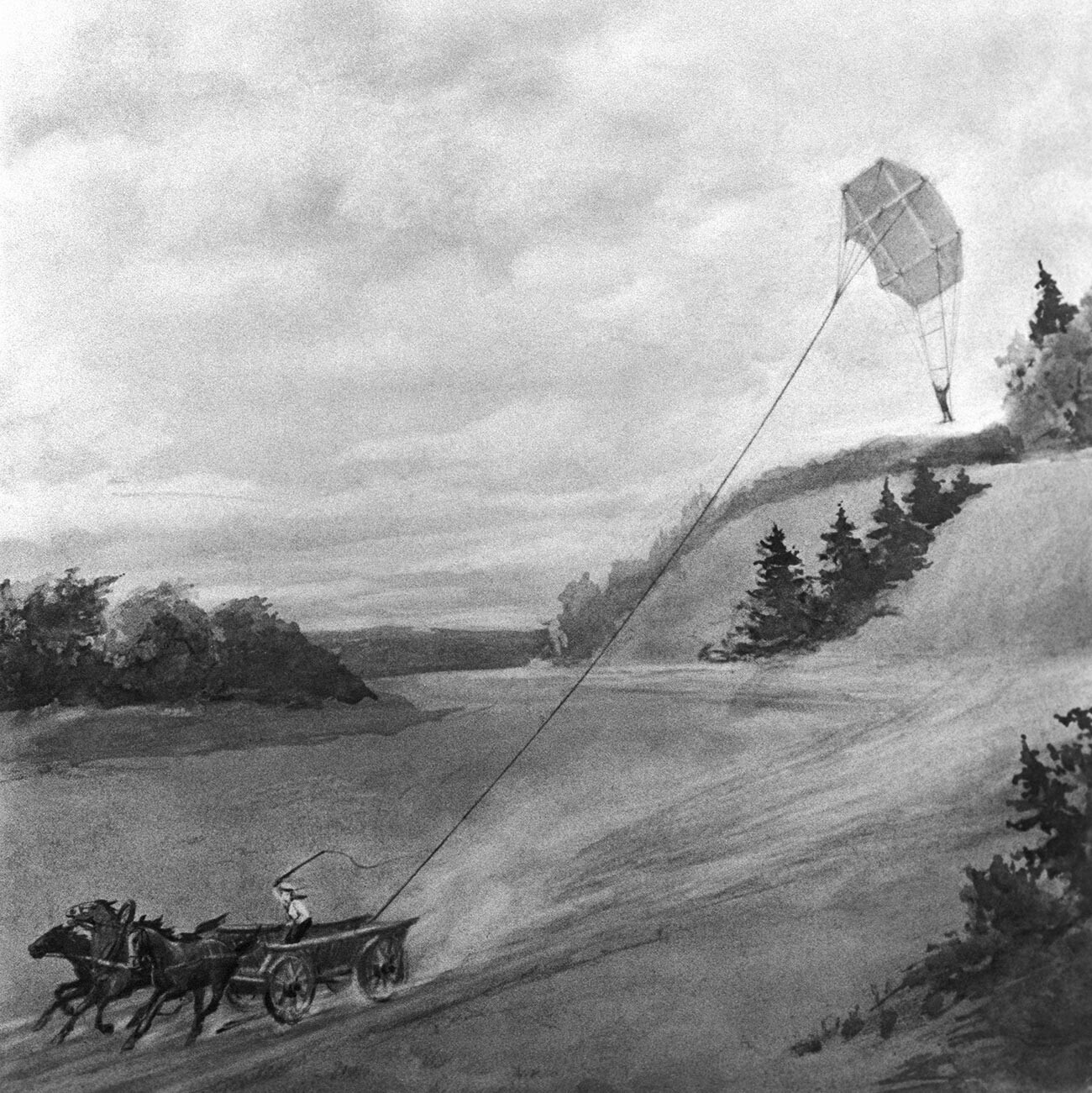 Un cerf-volant, sur lequel le créateur du premier avion, Alexandre Mojaïski, est monté dans le ciel lors d'une expérience dans la province de Podolsk en 1876