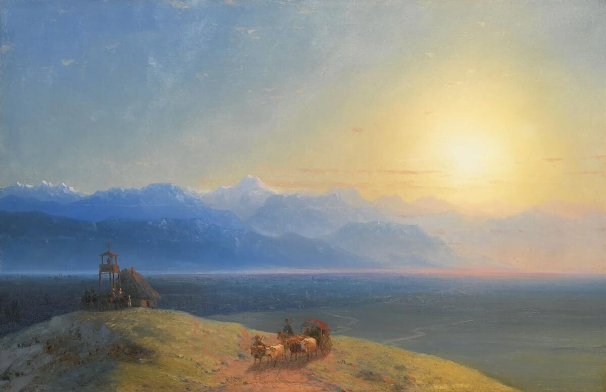 Pemandangan Kaukasus dengan Kazbek di kejauhan (1868).
