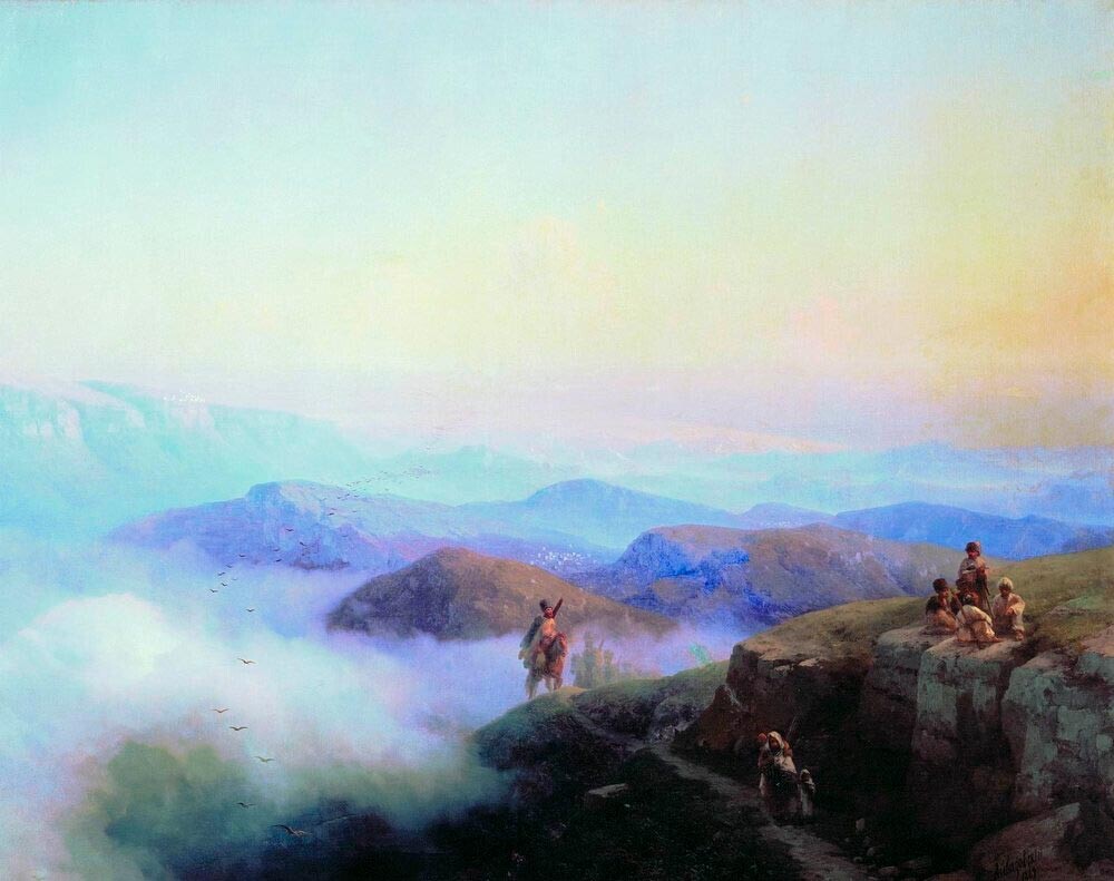 Cadeias de montanhas do Cáucaso. Vista de Temir-Khan-Shura [atual Buinaksk], no Mar Cáspio, a partir das montanhas Karanai, 1869
