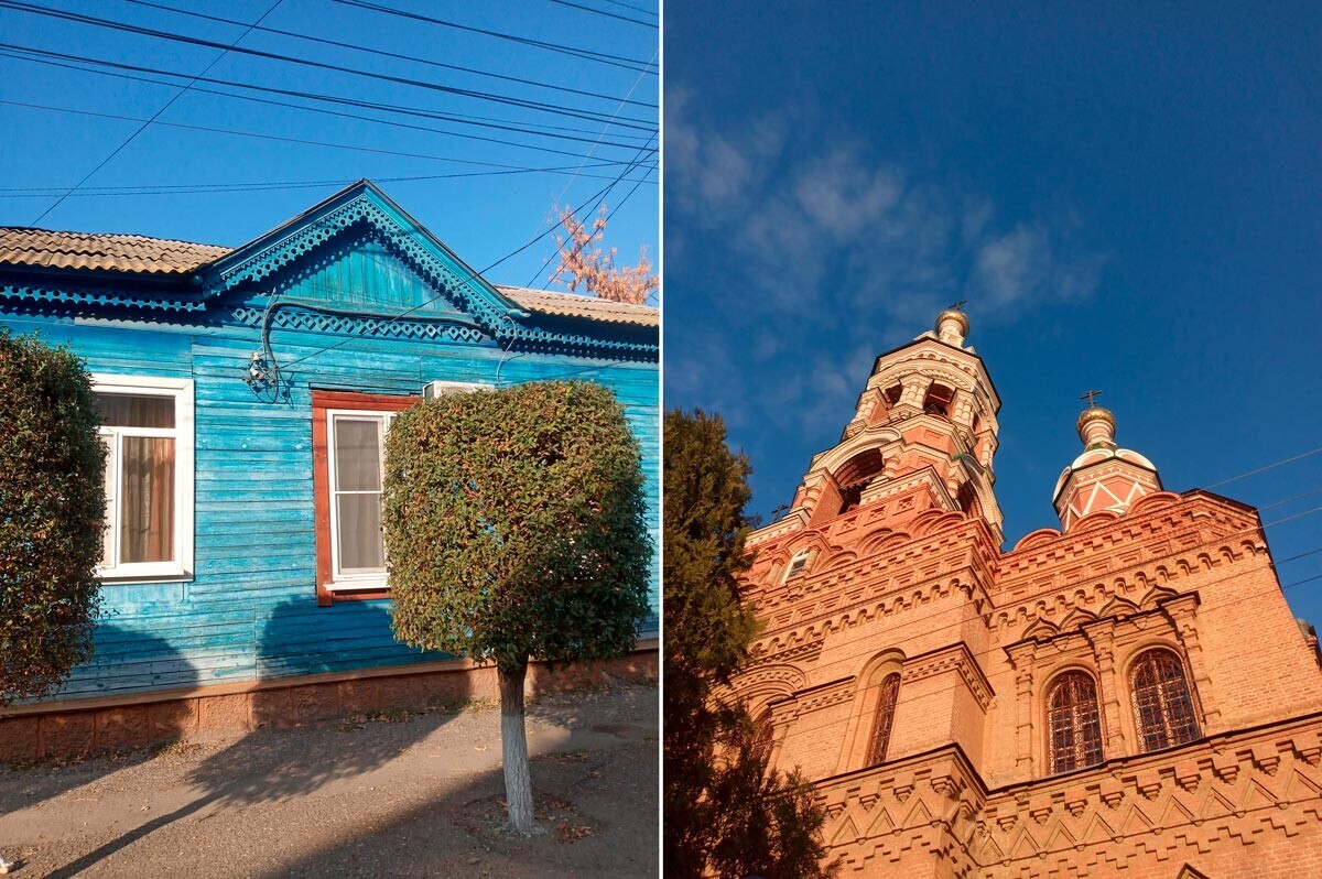 Una casa de madera a las afueras del centro (Izquierda); Una de las iglesias más antiguas de Astracán
