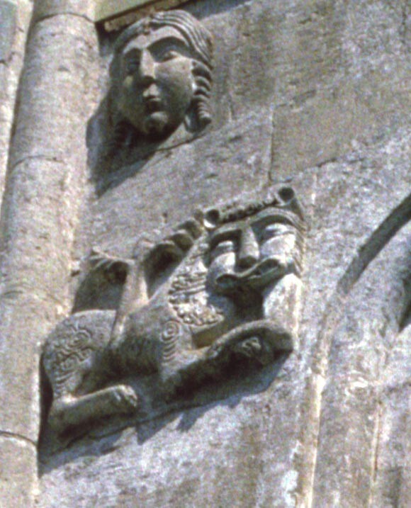 Church of the Intercession on the Nerl. West facade, center bay with lion & female mask.  May 16, 1995